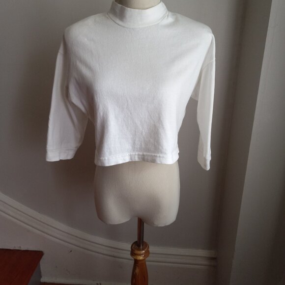 VINTAGE 1980S WHITE COTTON CROP TOP WITH SHOULDER PADS M - Picture 1 of 7